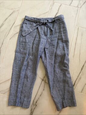 Women’s Chicos Blue Pinstripe Linen Blend Pants with Tie Waist